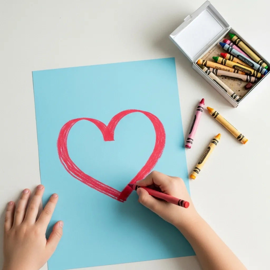 Child drawing a red crayon heart on bright blue paper