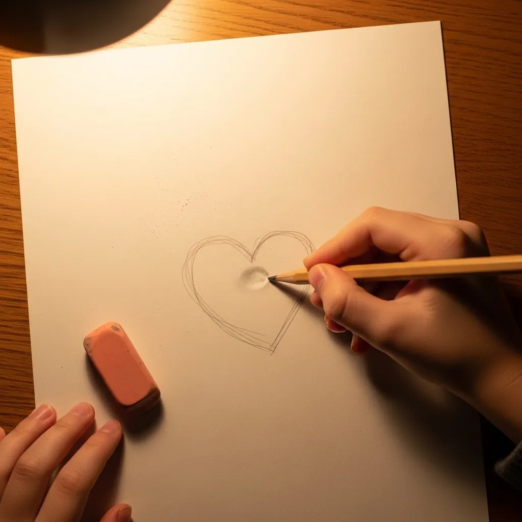 Child sketching a faint pencil heart before adding color