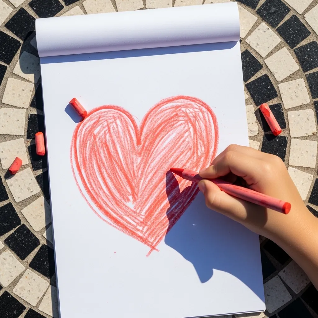 Child filling a heart with loose red crayon scribbles in a notebook