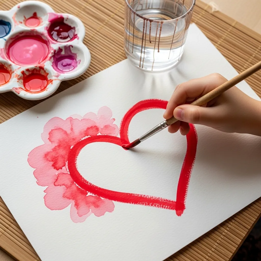 Child painting a soft watercolor bloom beside a red heart outline
