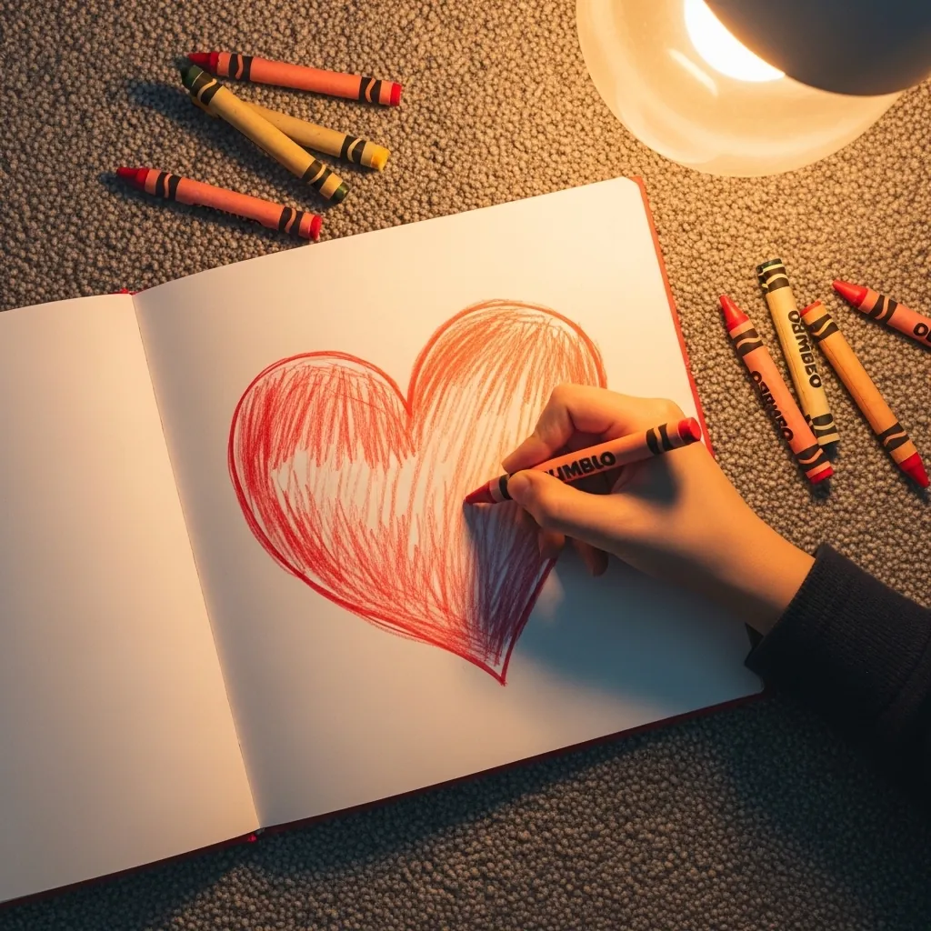 Child coloring a heart with orange and red crayons in a sketchbook