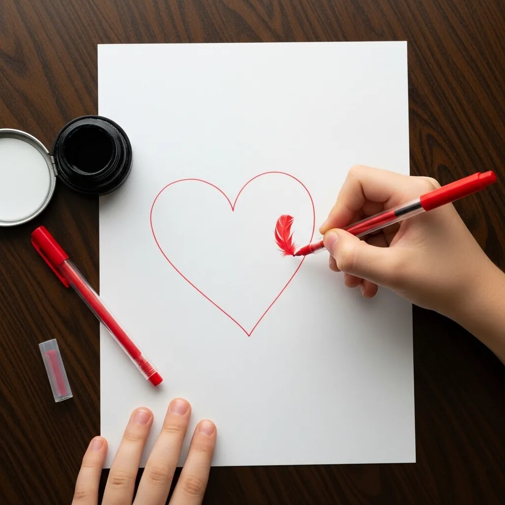 Child drawing two thin red heart outlines with a fine marker