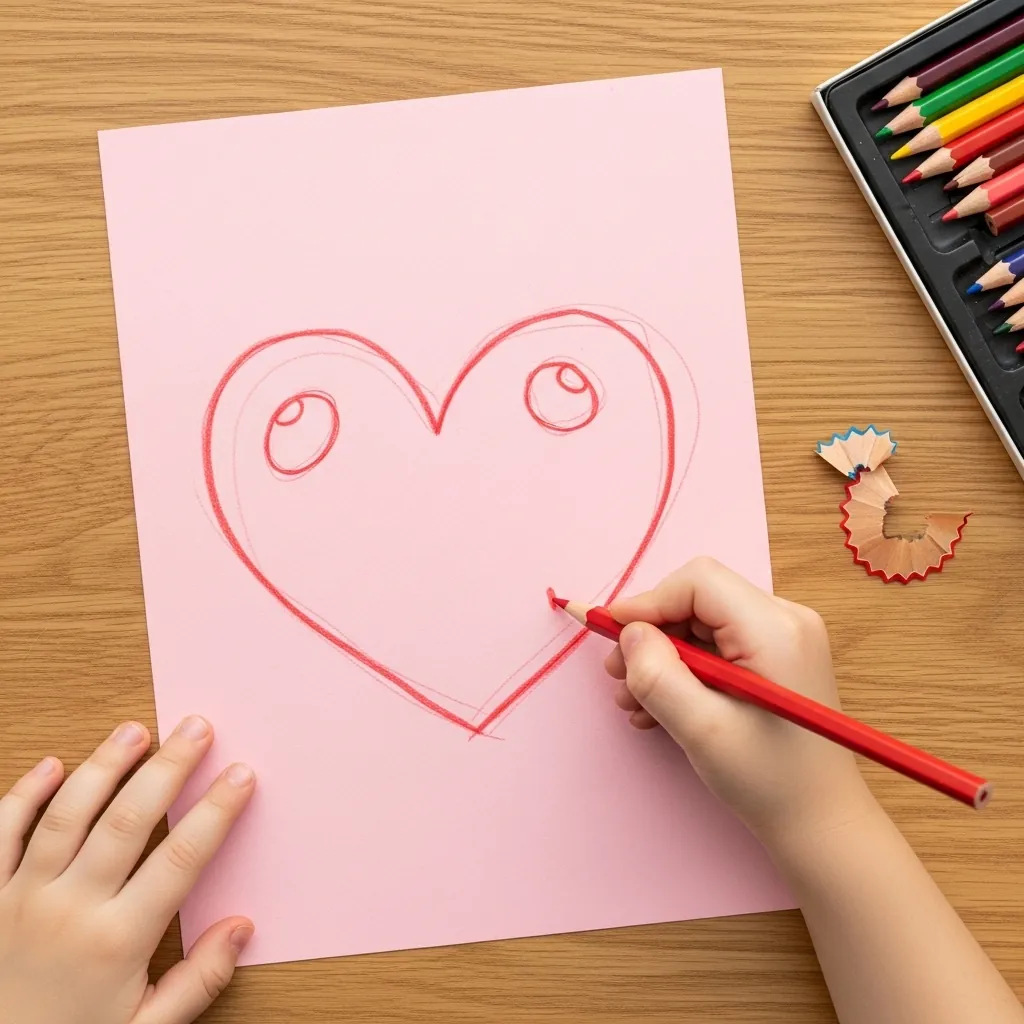 Child drawing a red heart with two eyes on pink paper