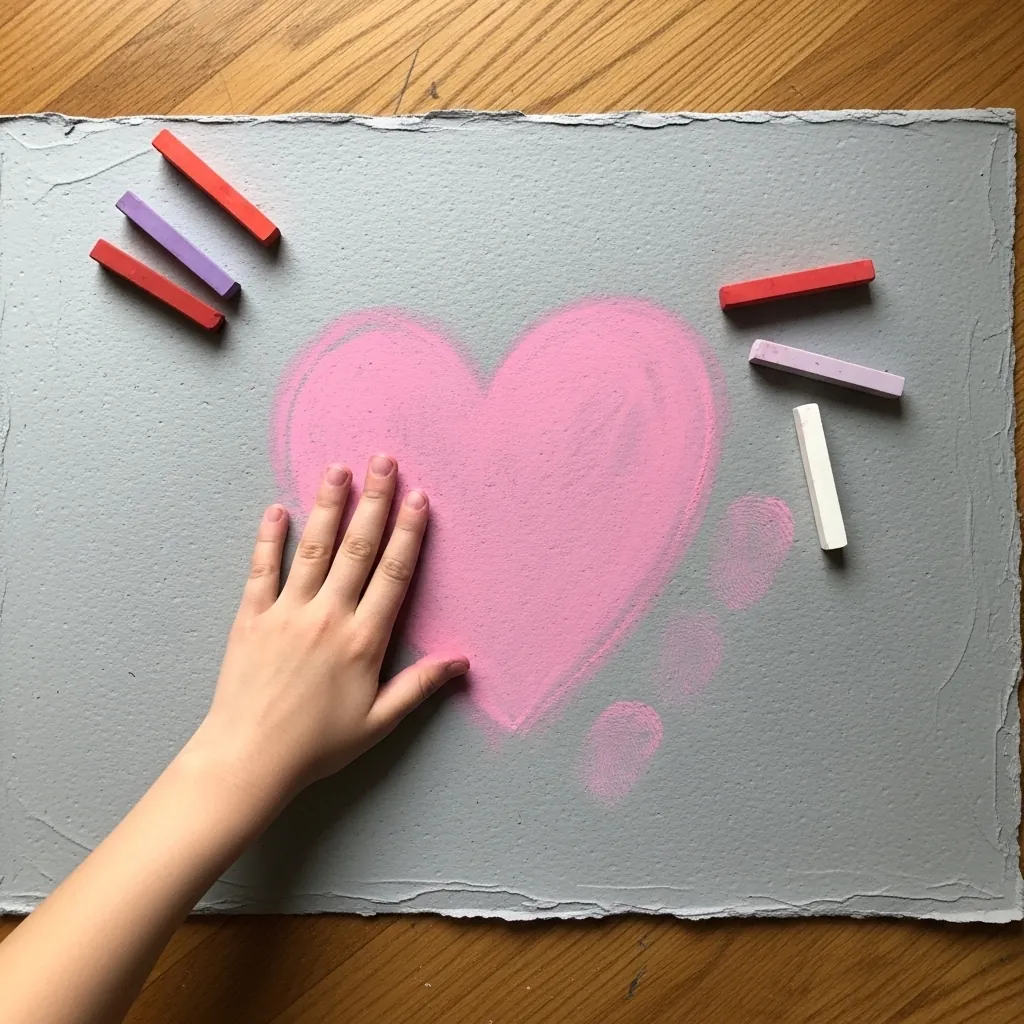Child drawing a pink pastel heart on gray textured paper