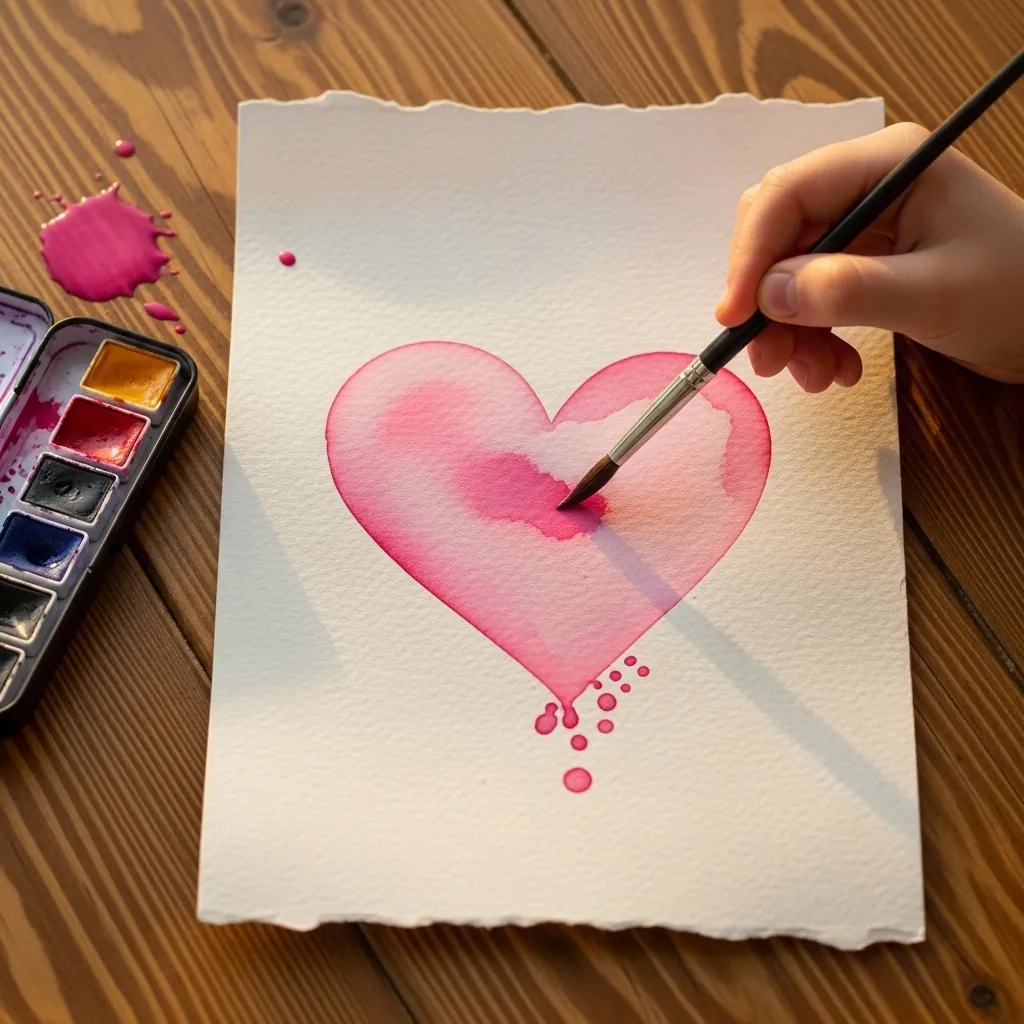 Child painting a pink watercolor heart with small dots below it