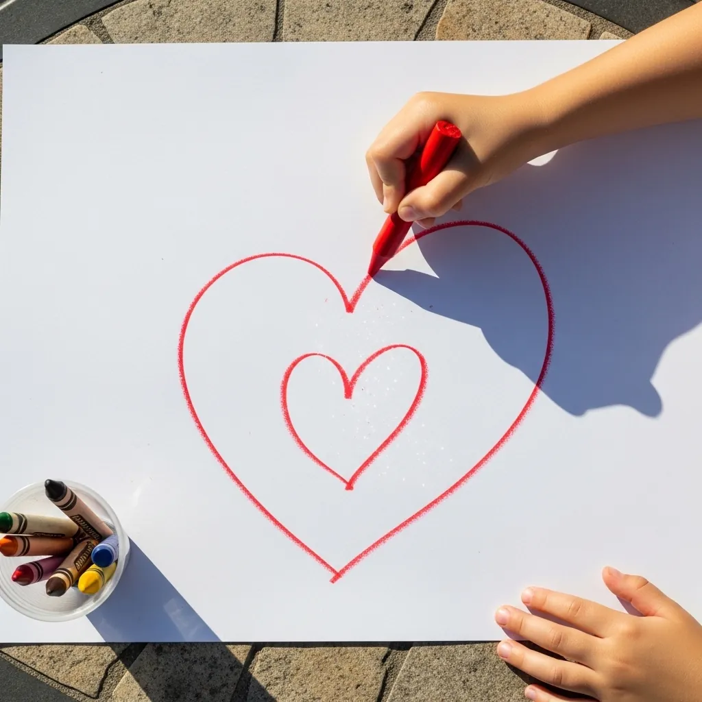 Child drawing a small red heart inside a larger red heart