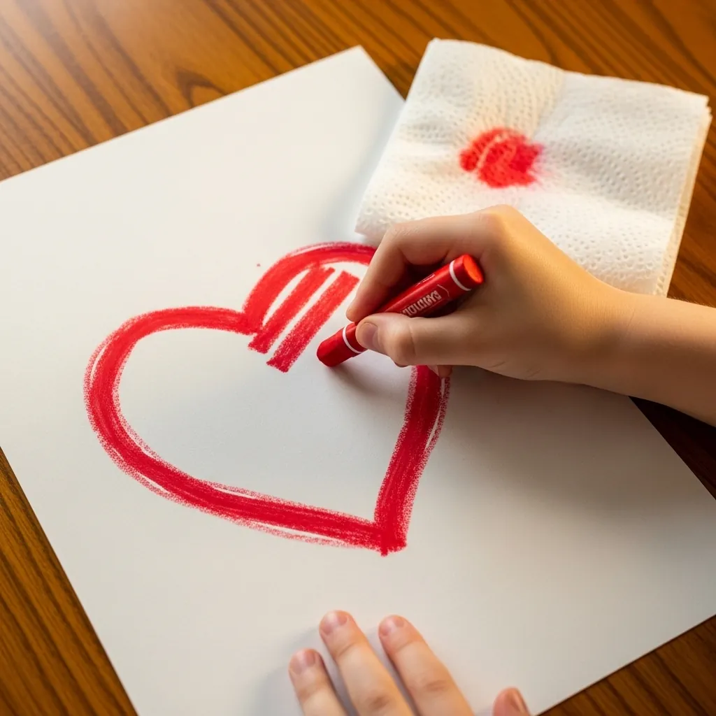 Child shading a red crayon heart with parallel hatching lines