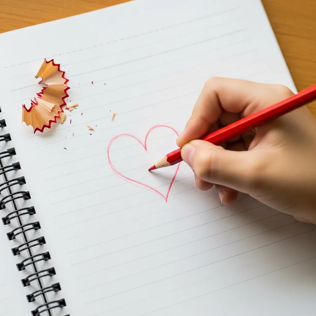 Child drawing a small heart in pencil on lined notebook paper