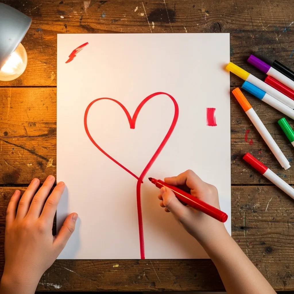 Child drawing a red heart with a long curling line beneath it