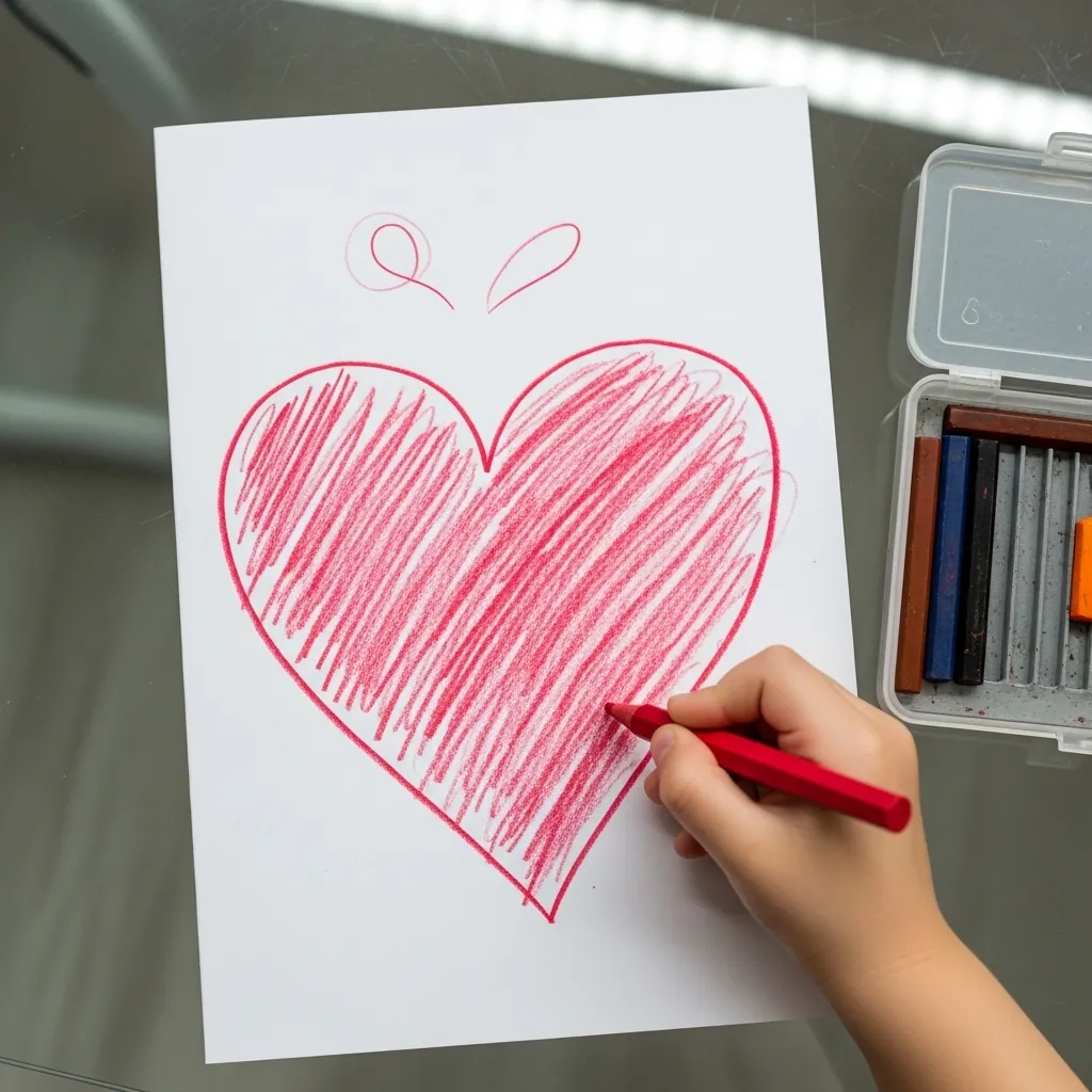 Child drawing a pink scribbled heart with two small leaves on top
