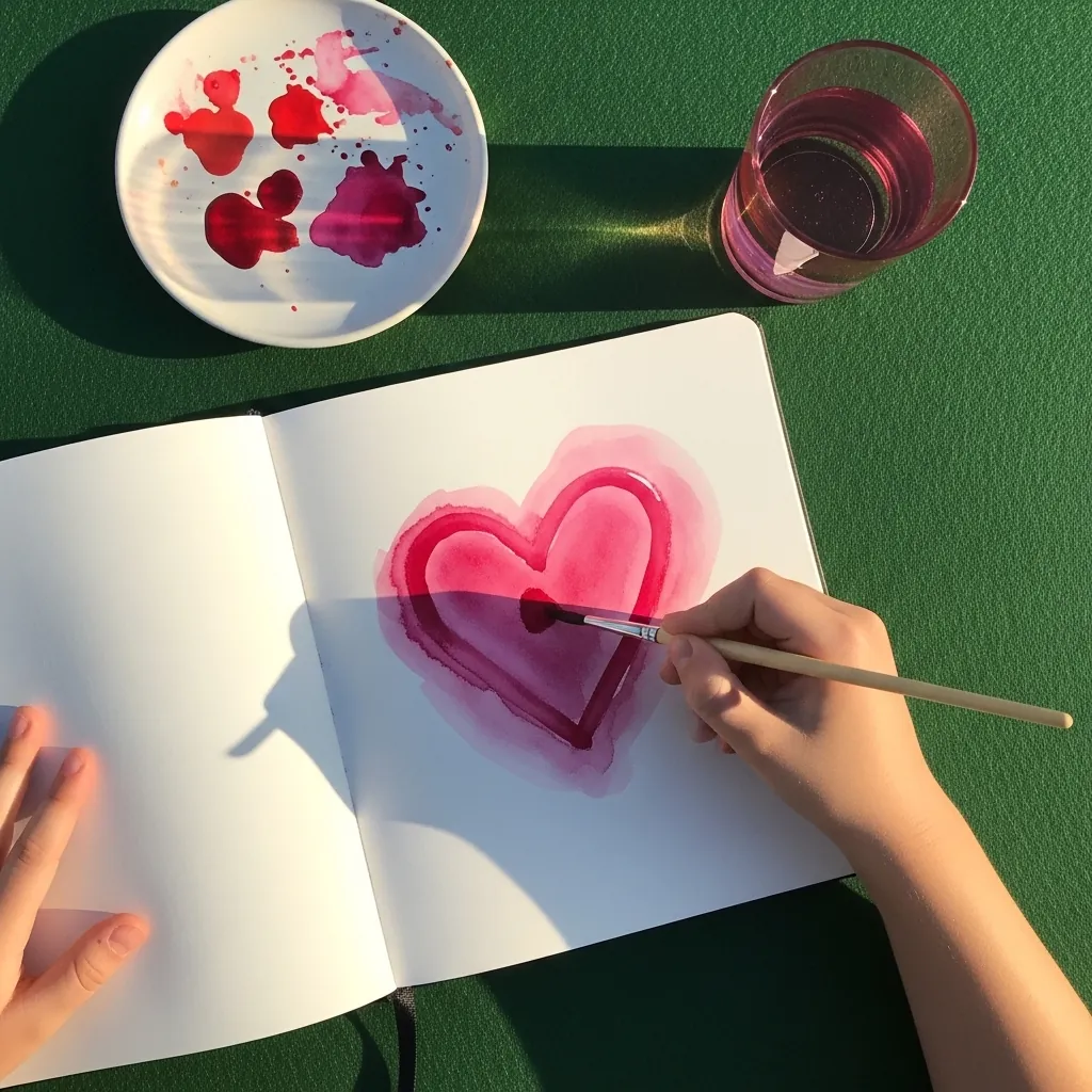 Child painting a heart in three layers of deepening pink