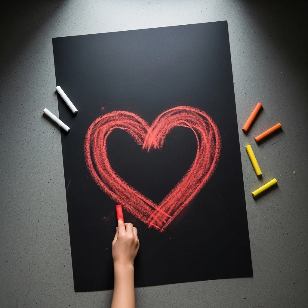 Child drawing a red chalk heart on black paper