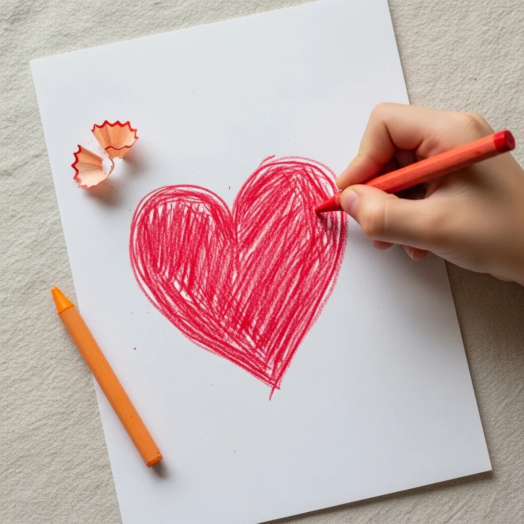 Child filling a heart with diagonal colored pencil strokes