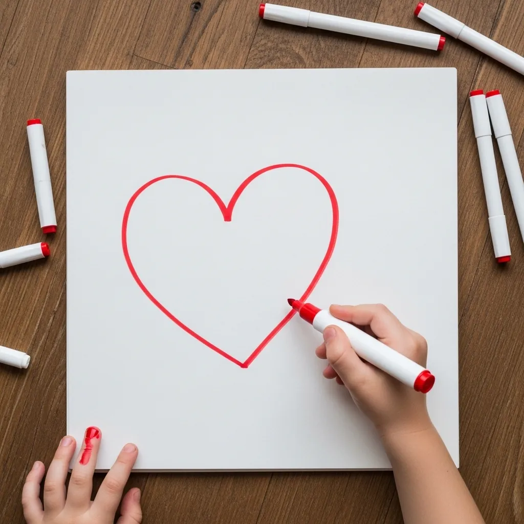 Child drawing a neat red heart outline with a felt tip marker