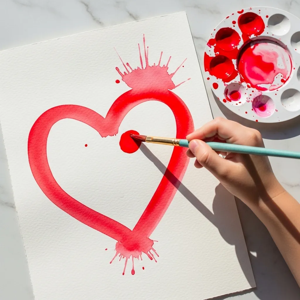 Child painting a red heart with paint splatters around it