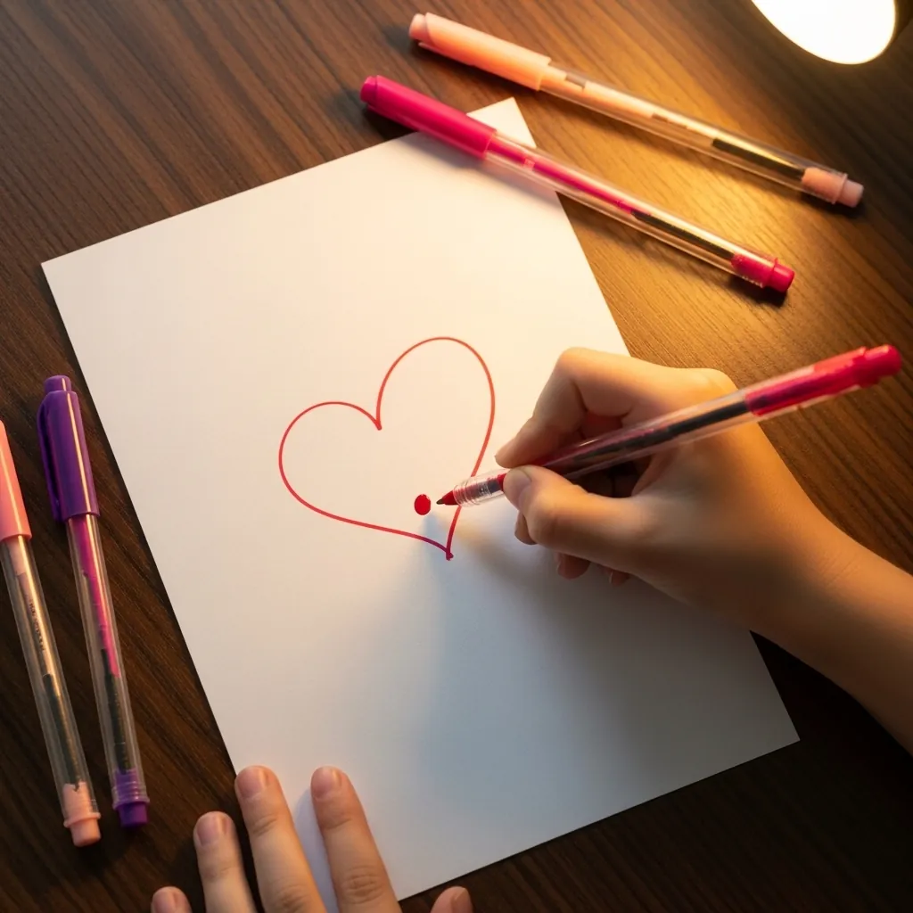 Child drawing a small heart with a fine colored gel pen
