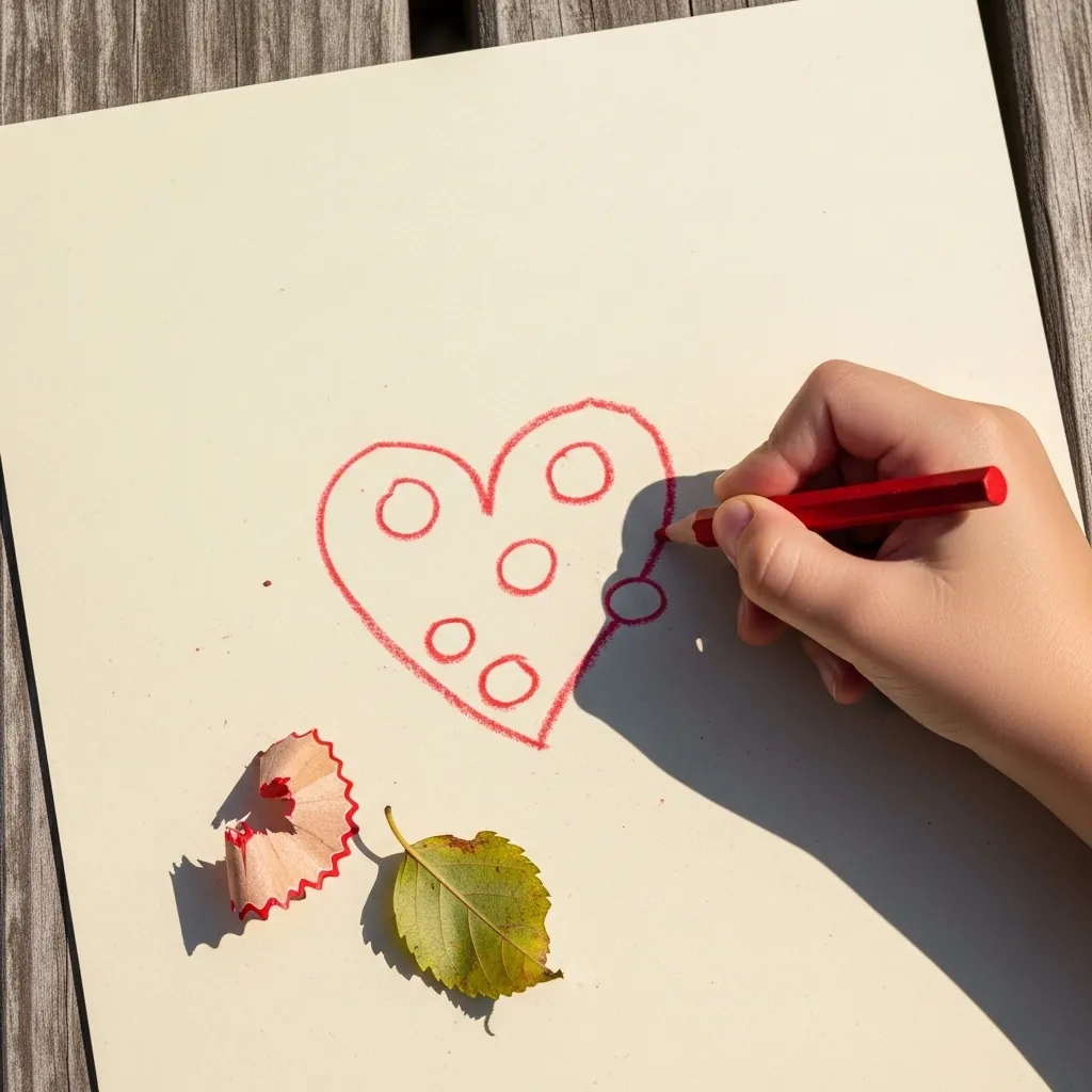 Child drawing a heart decorated with circles of different sizes