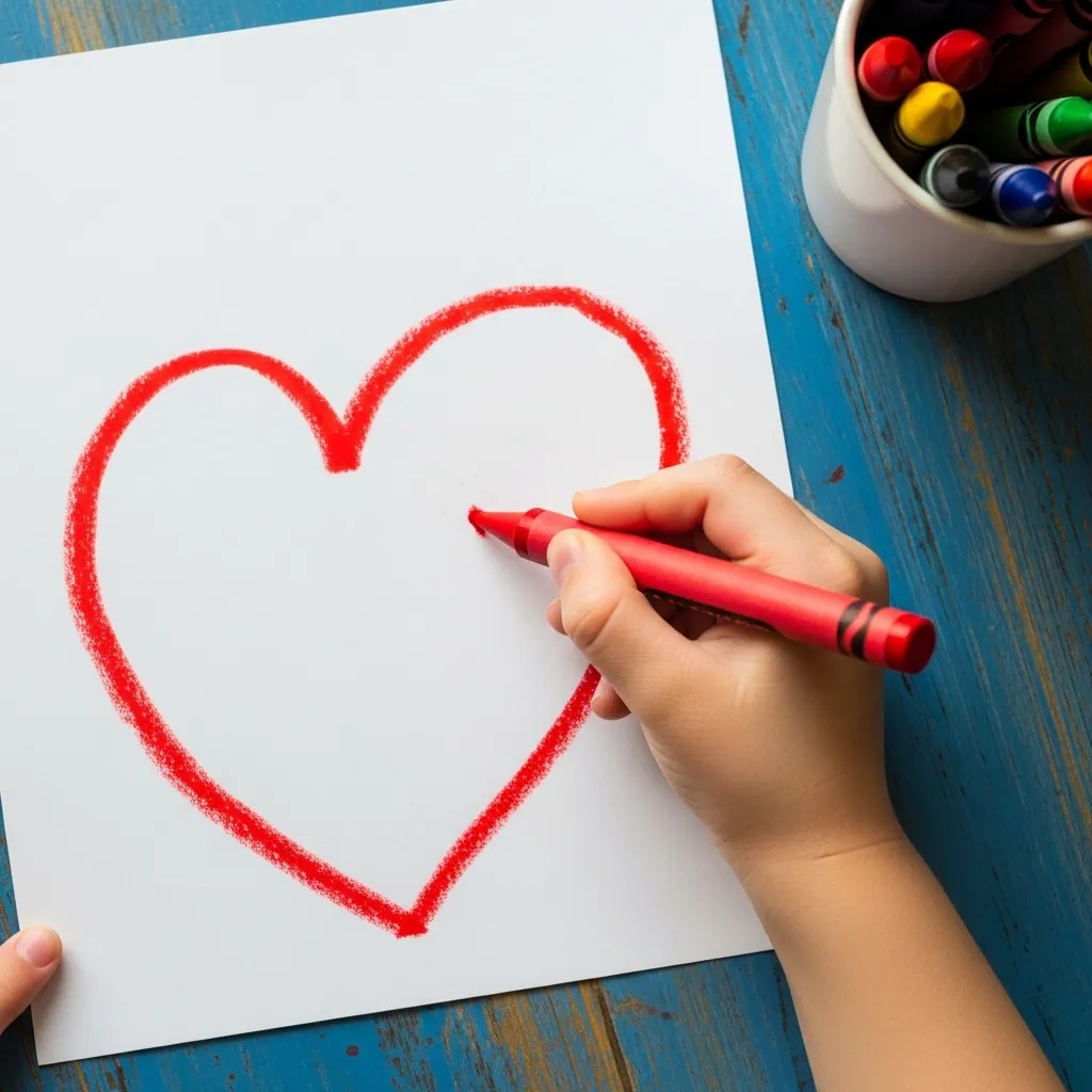Child drawing a wide open red crayon heart with a thick line