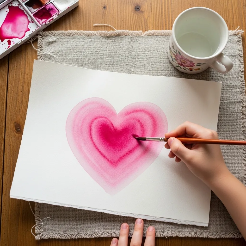 Child painting a heart that fades from deep pink to pale pink