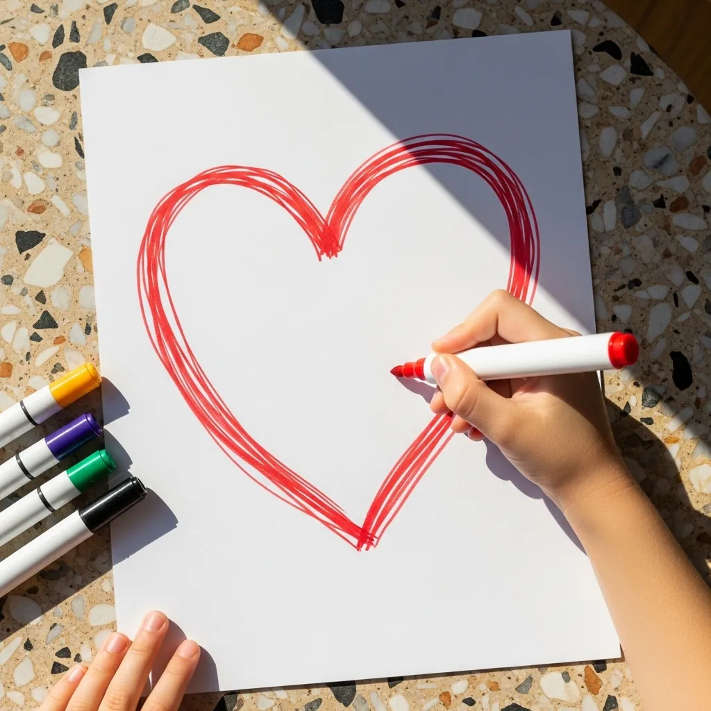 Child drawing a heart with several overlapping sketchy red lines