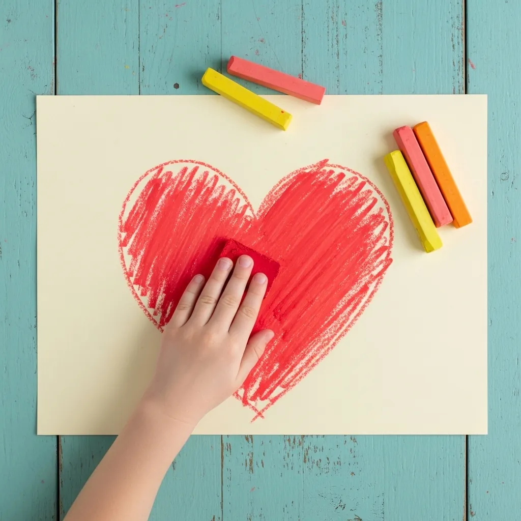 Child drawing a red pastel heart on cream card over a blue table