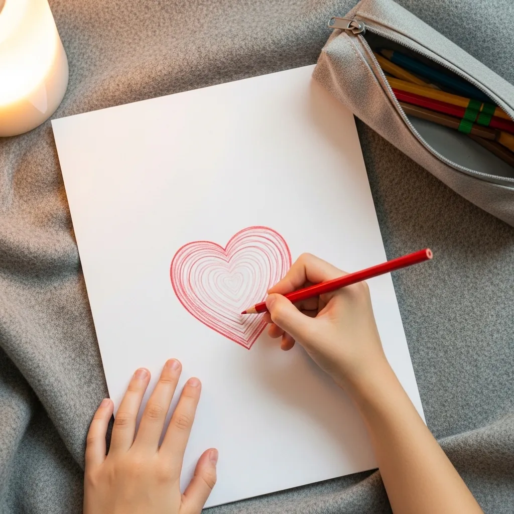 Child drawing a heart with many concentric outlines rippling outward