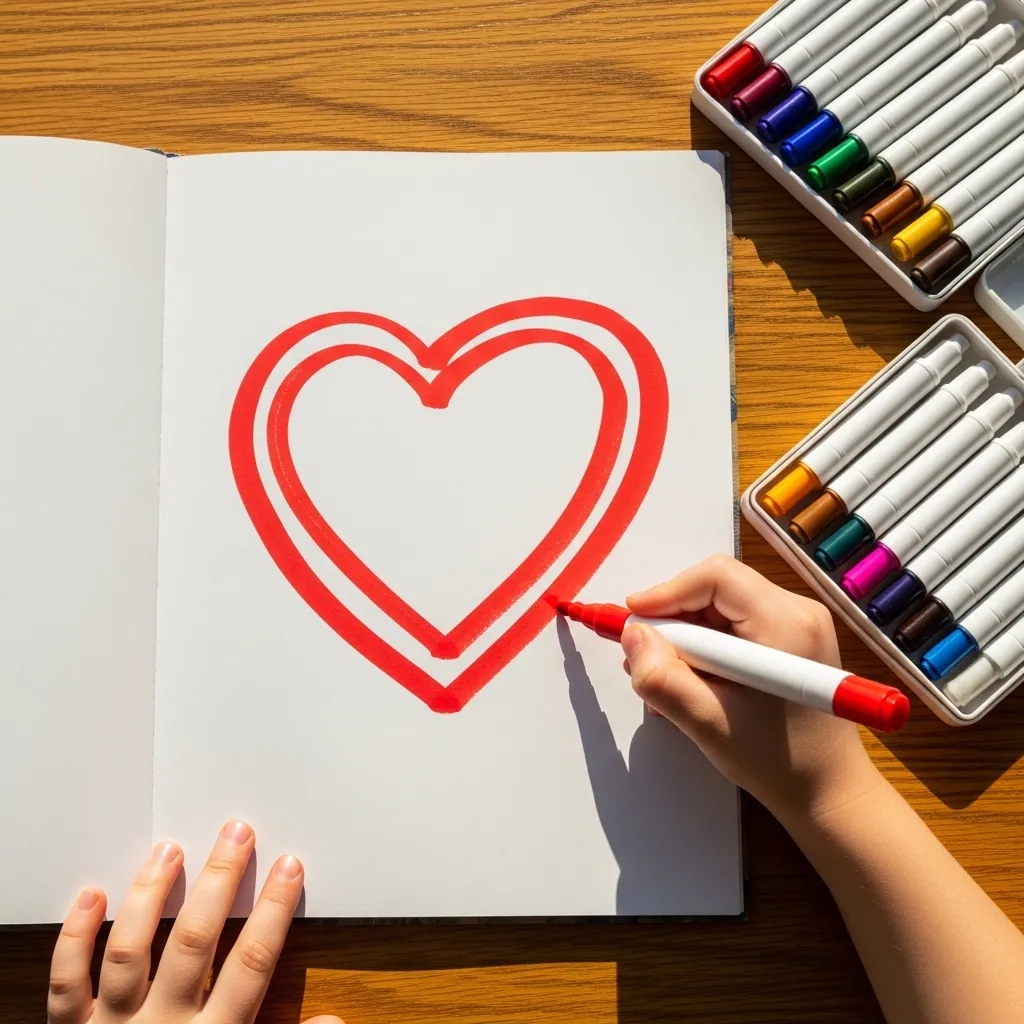 Child drawing a red heart with a second outline just outside it