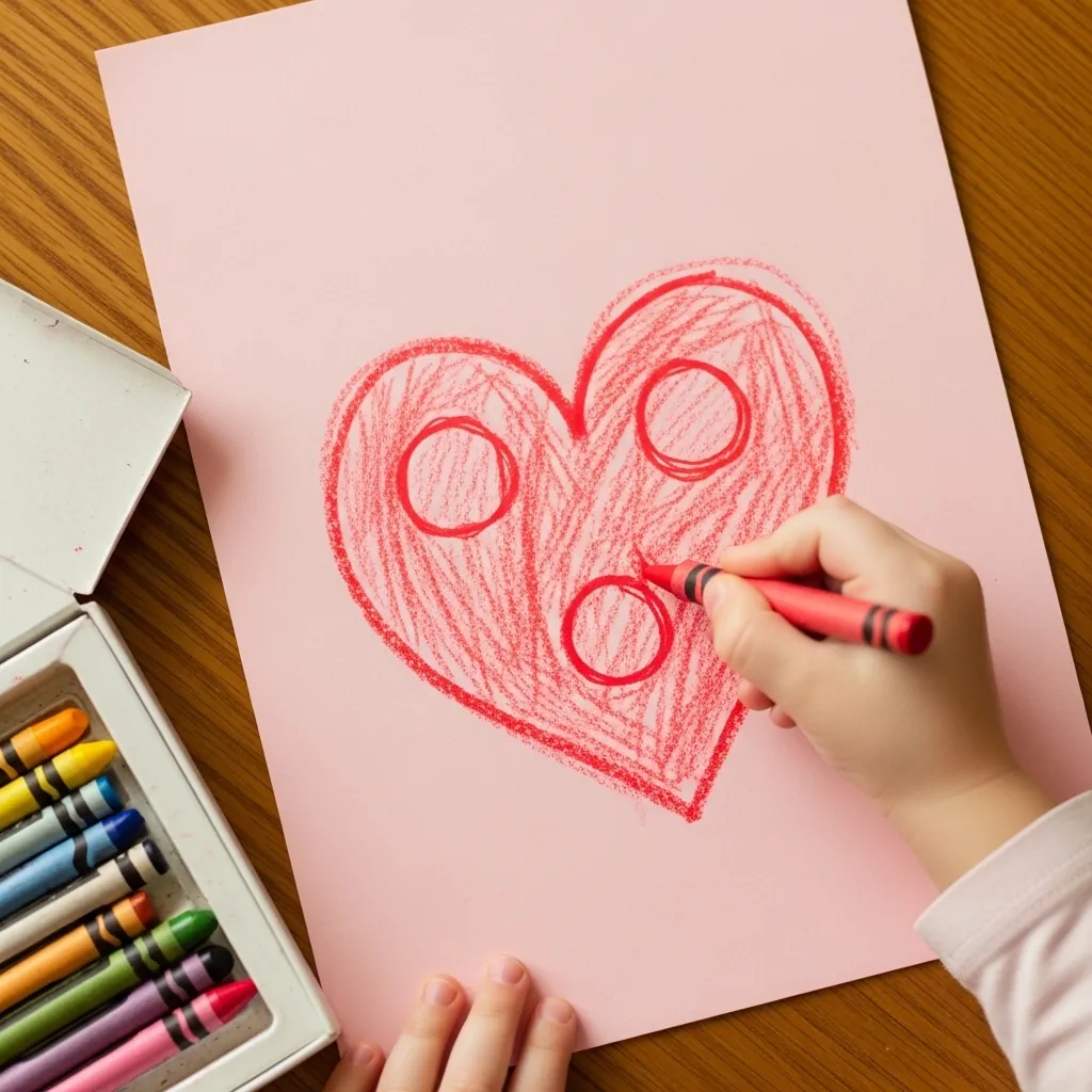 Child drawing a heart filled with bubbles on pale pink paper