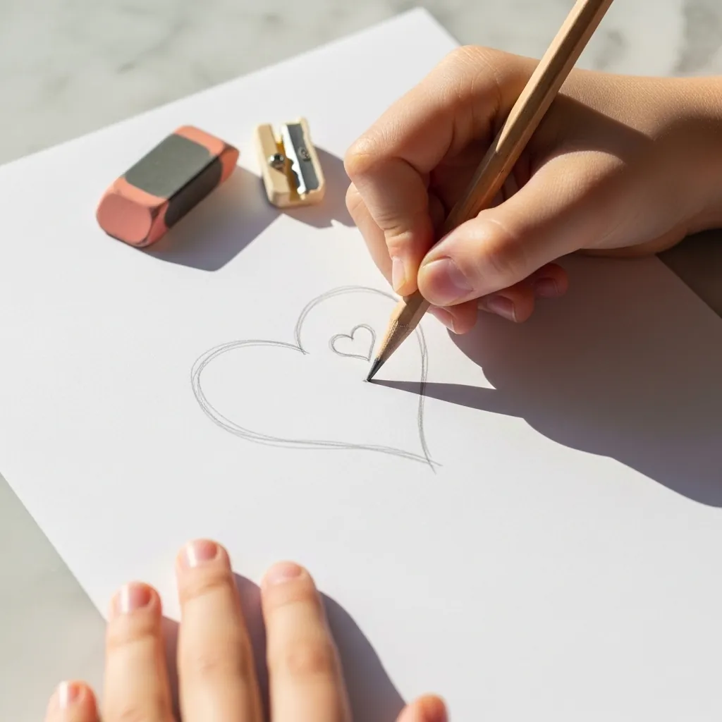 Child drawing a pencil heart with a smaller heart inside it