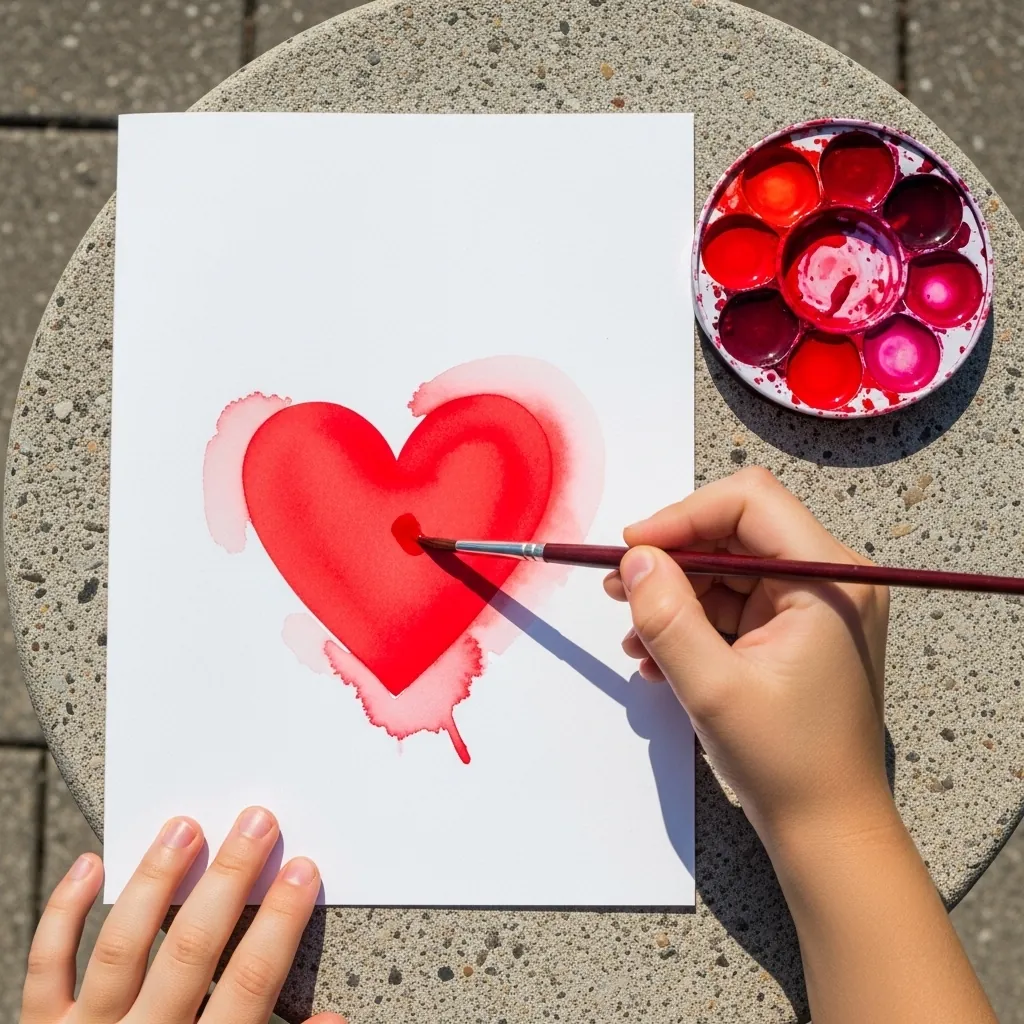 Child painting a red heart with soft blurred edges on white paper