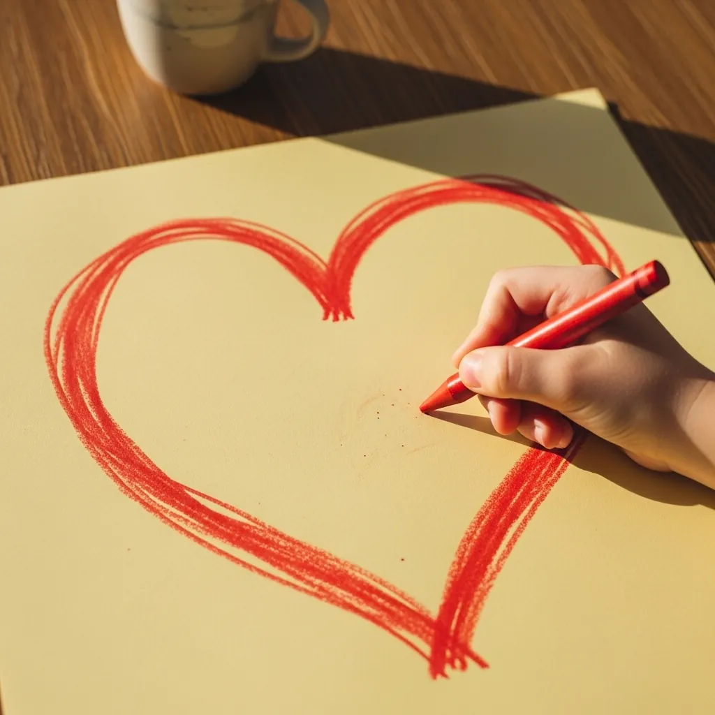Child drawing a bold red crayon heart on warm cream paper