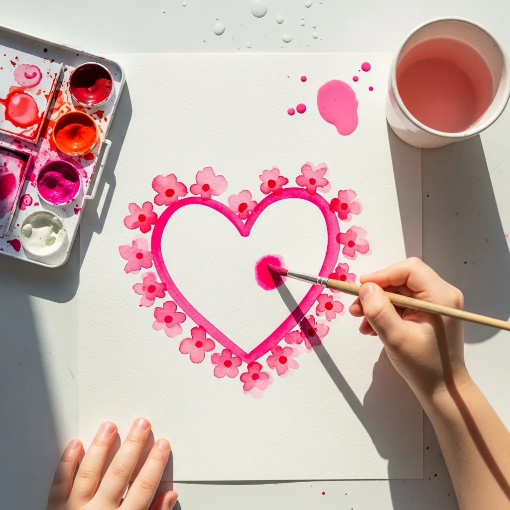 Child painting a pink heart surrounded by a border of small flowers