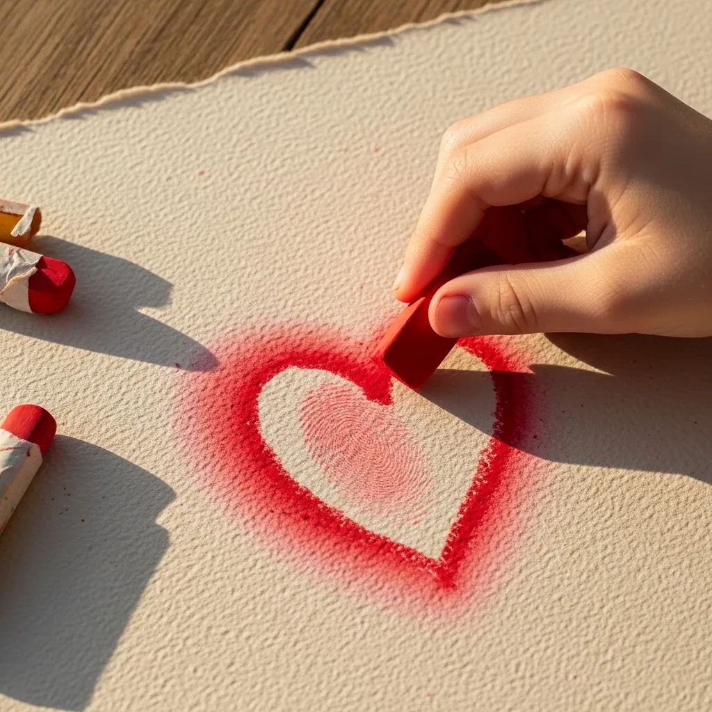 Child drawing a red chalk heart on textured paper