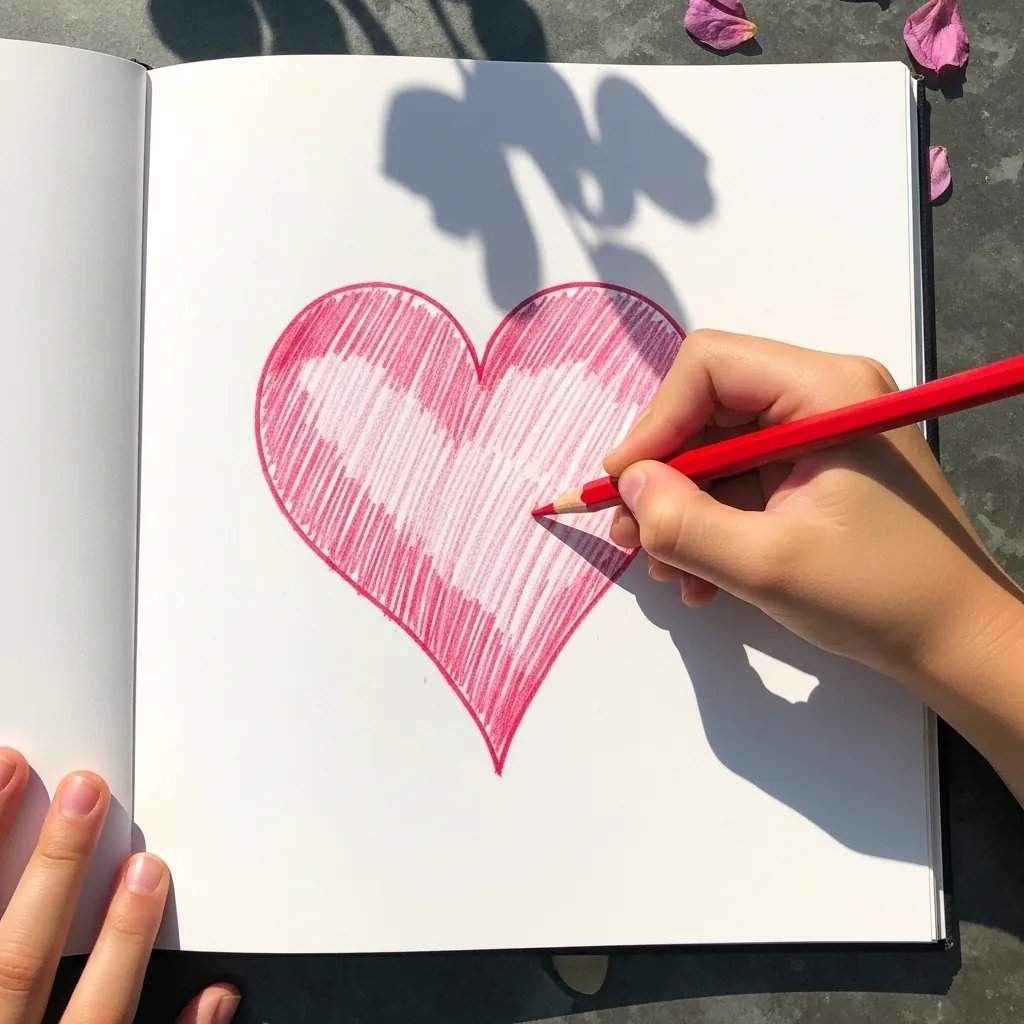 Child coloring a pink heart with a darker shade on one side