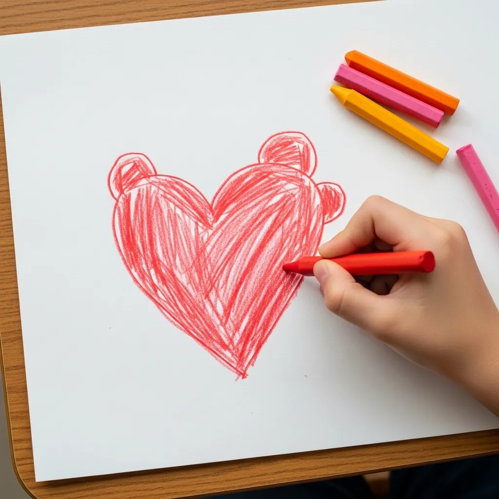 Child drawing a scribbled red heart with two small round ears