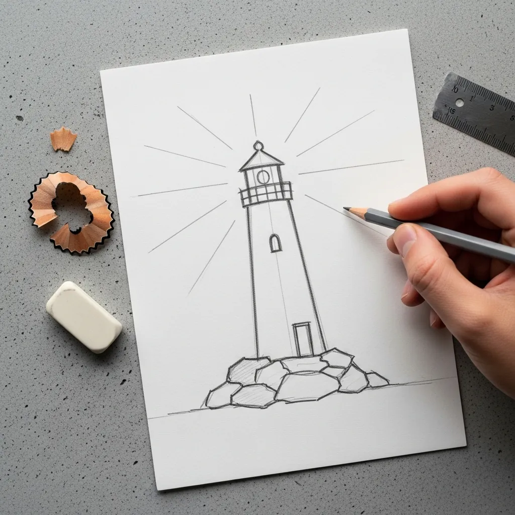 Beginner drawing a lighthouse on rocks with light rays in pencil