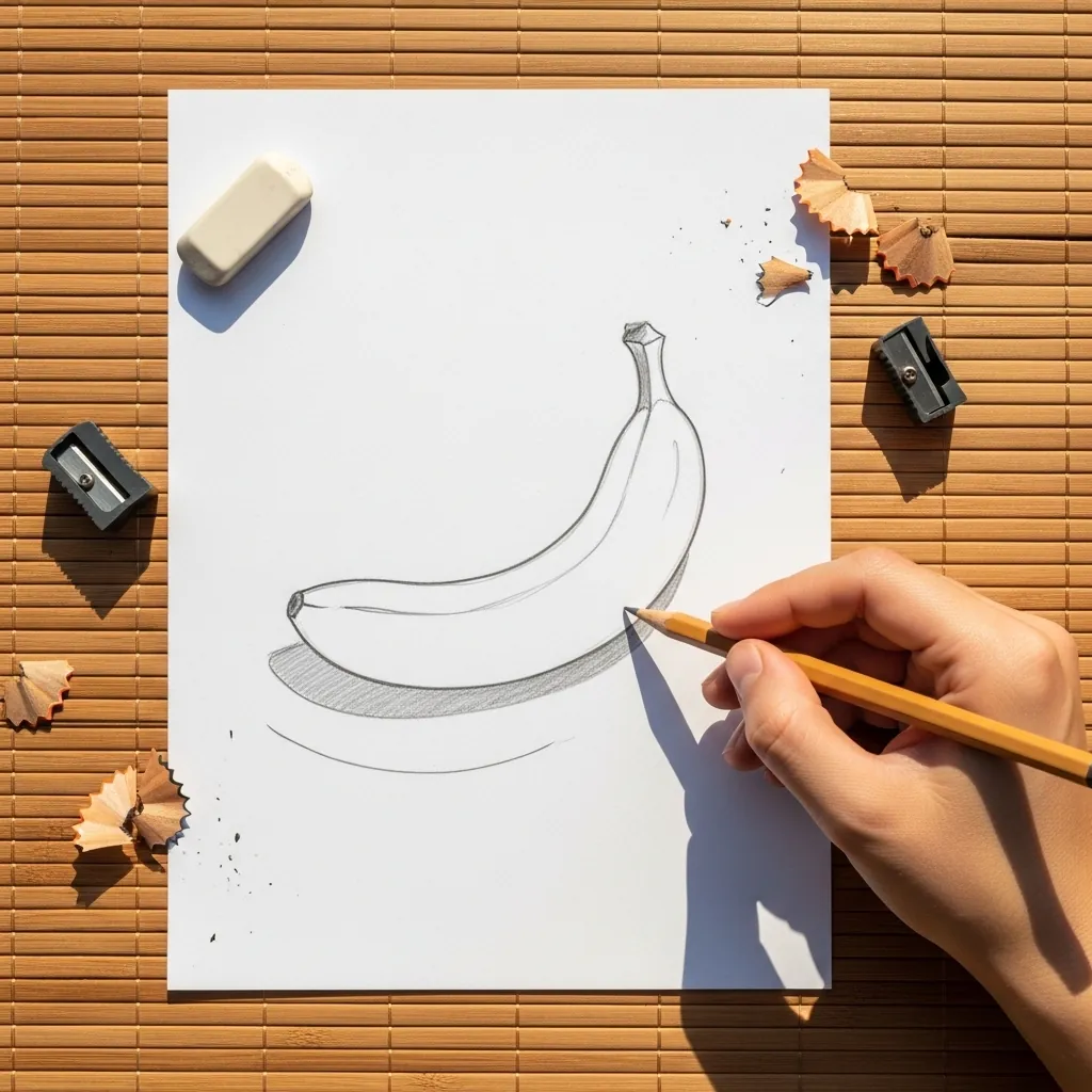 Beginner drawing a banana with a cast shadow underneath