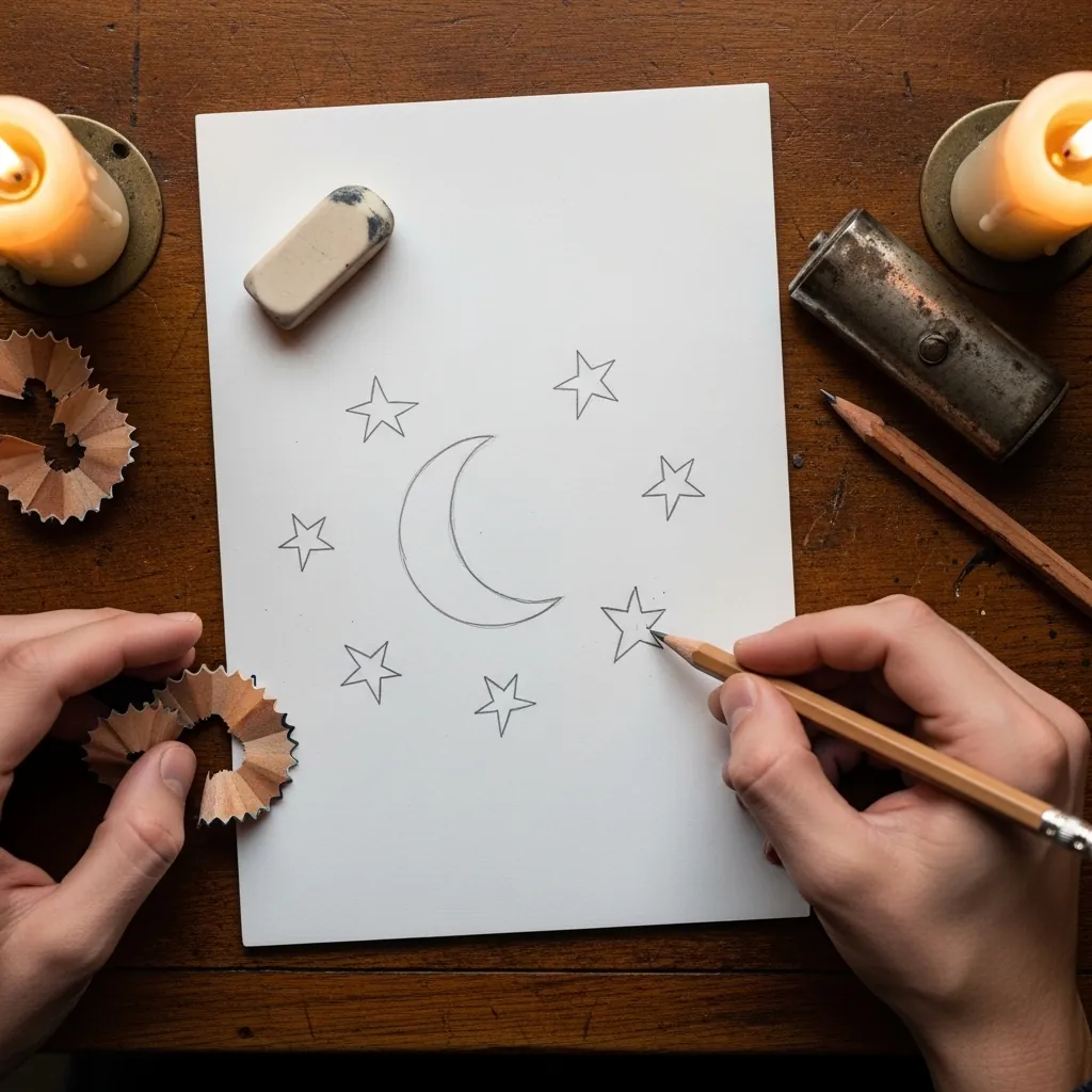 Beginner drawing a crescent moon surrounded by small stars
