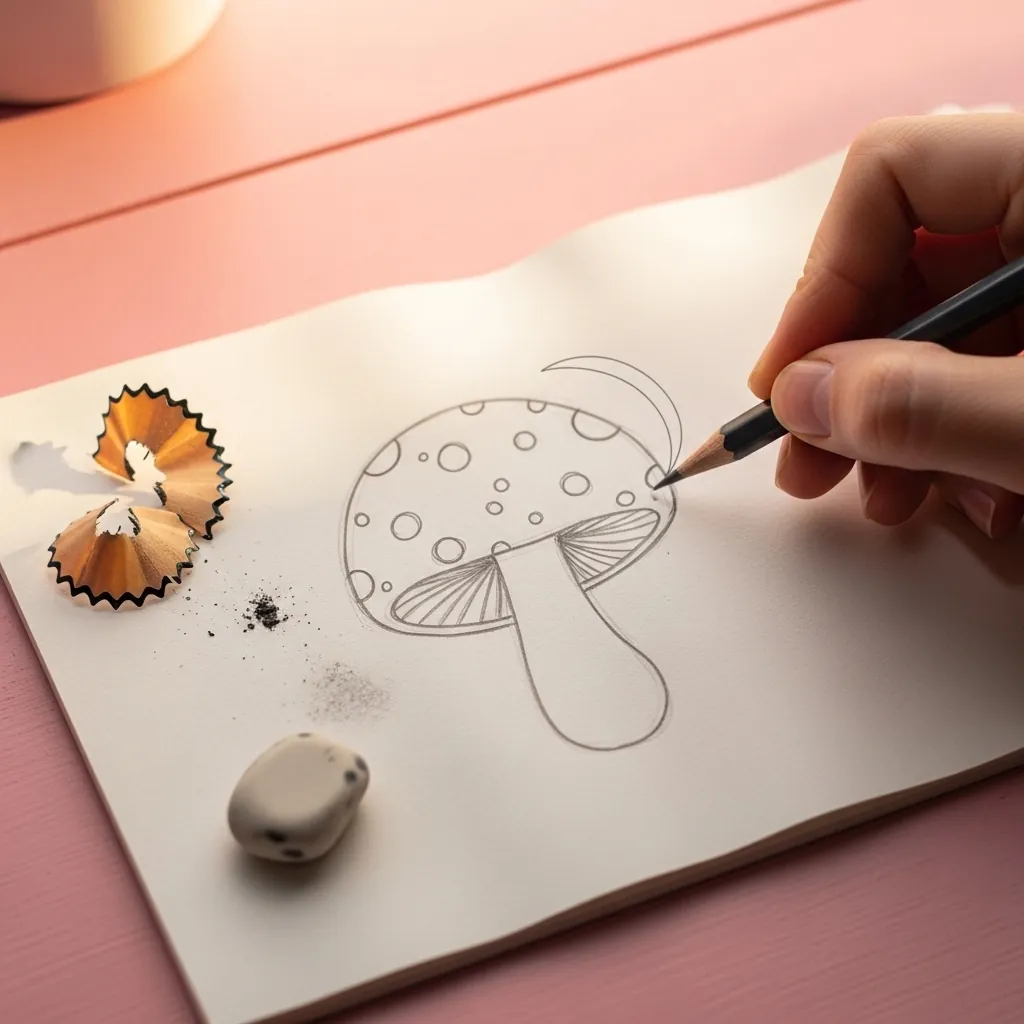 Beginner drawing a spotted mushroom cap and stem in pencil