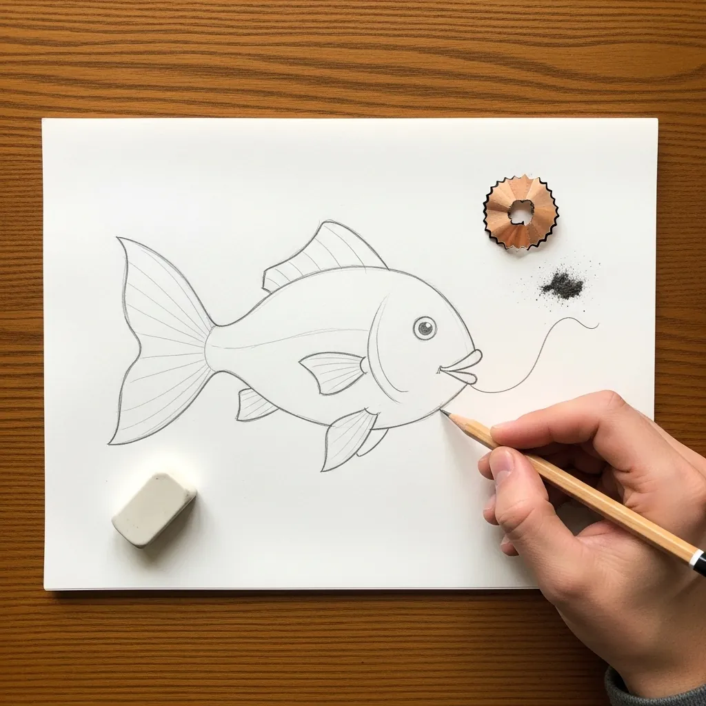 Beginner drawing a simple fish with fins and scales in pencil