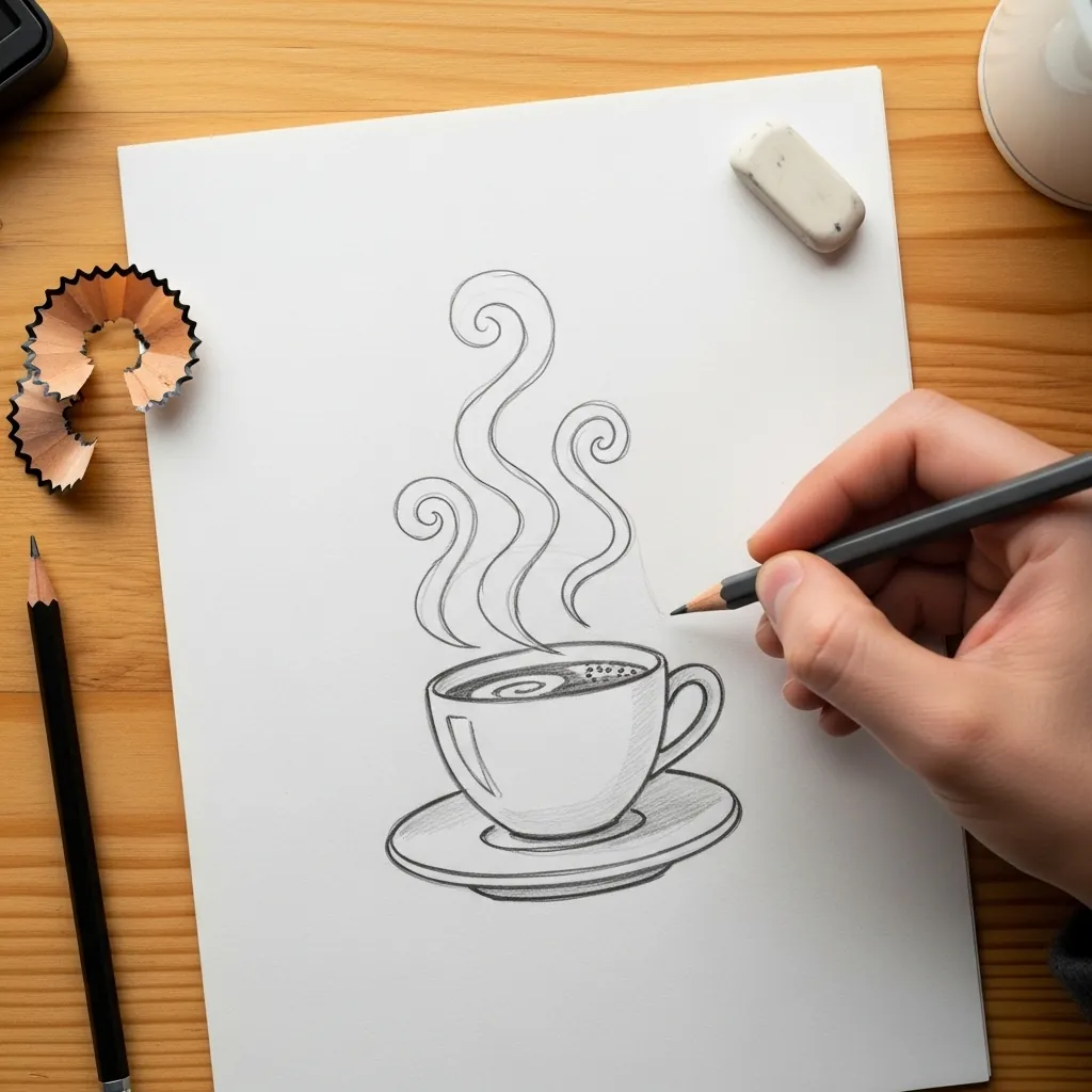 Beginner drawing a teacup and saucer with curls of steam
