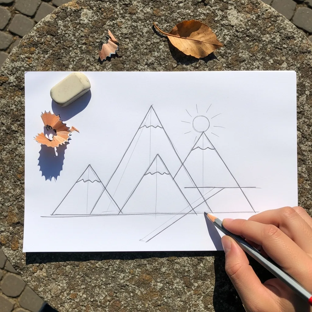Beginner drawing overlapping mountain peaks with a sun behind