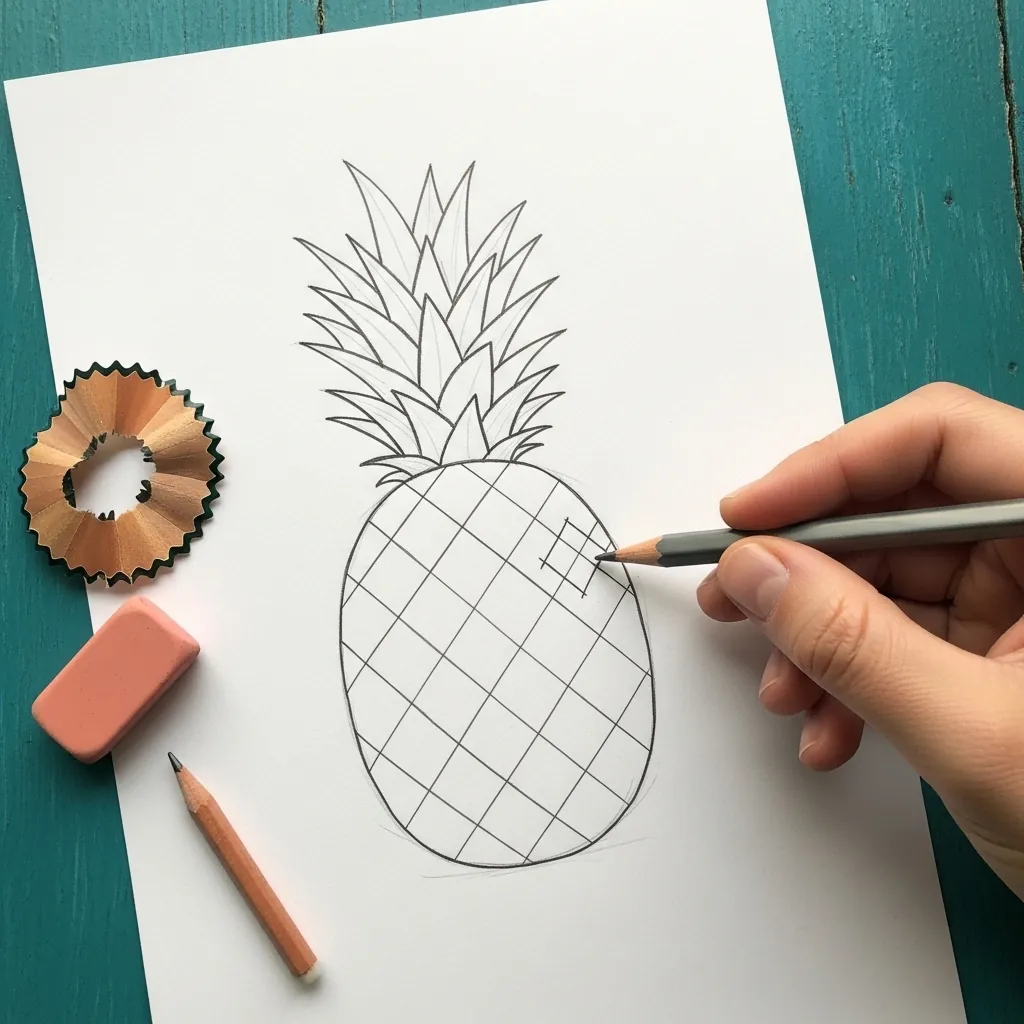 Beginner drawing a pineapple with a crosshatch skin pattern