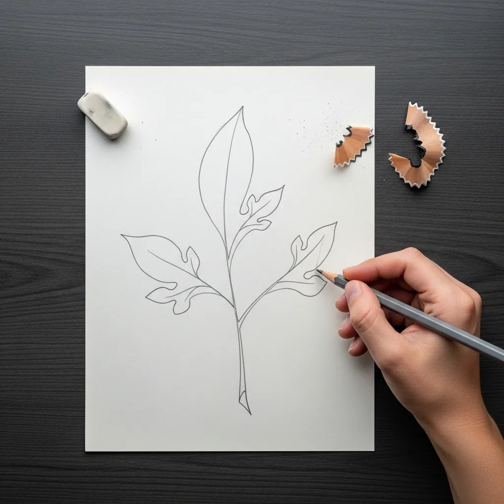 Beginner drawing a branch with several leaves in fine pencil line