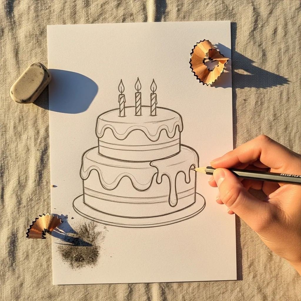 Beginner drawing a two tier birthday cake with candles