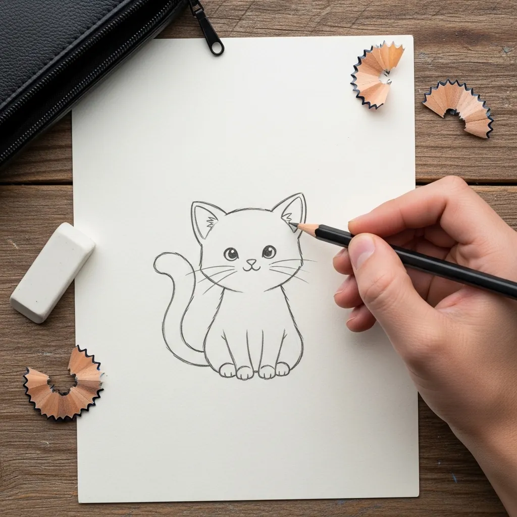Beginner drawing a cartoon cat sitting upright with a curled tail