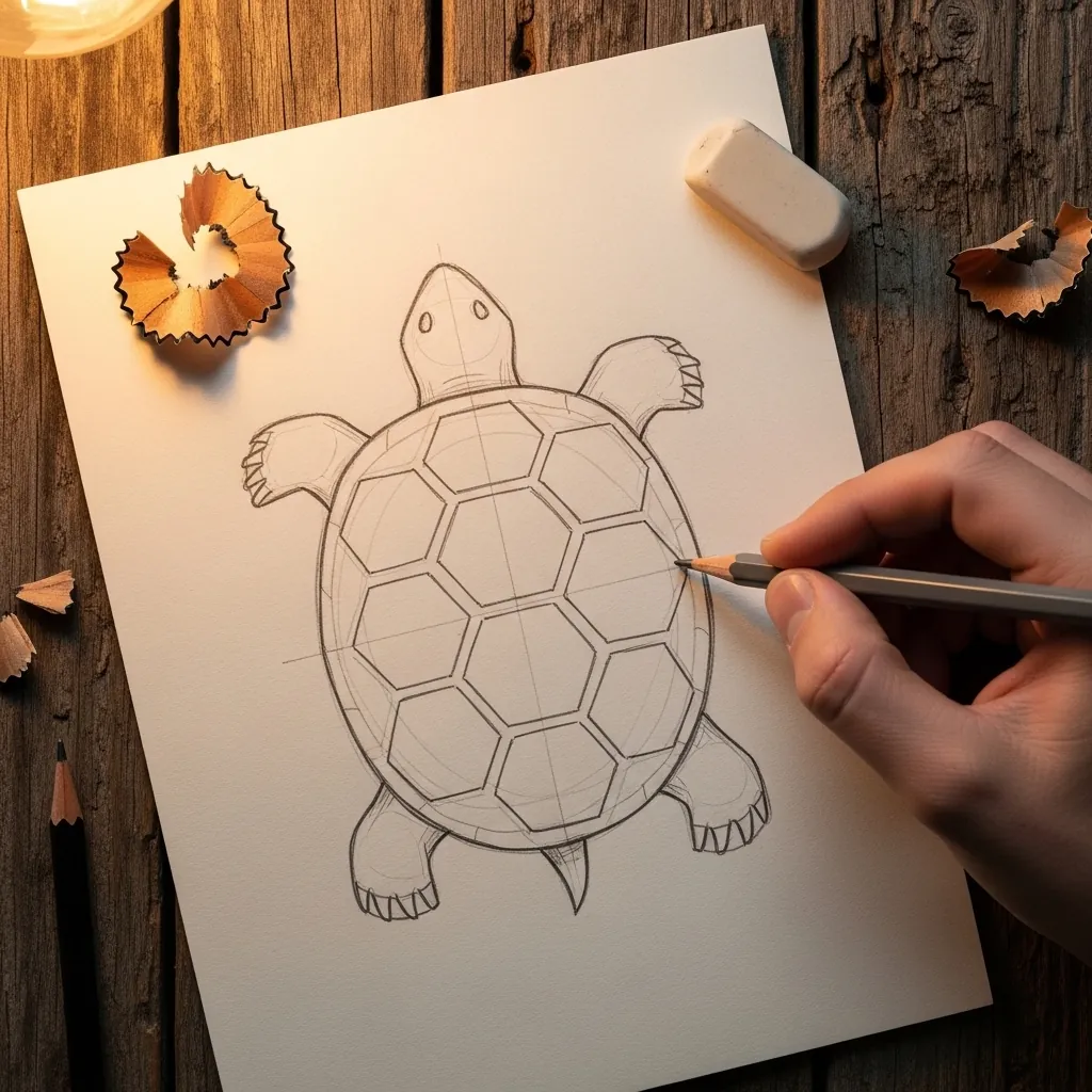 Beginner drawing a turtle with a patterned shell from above