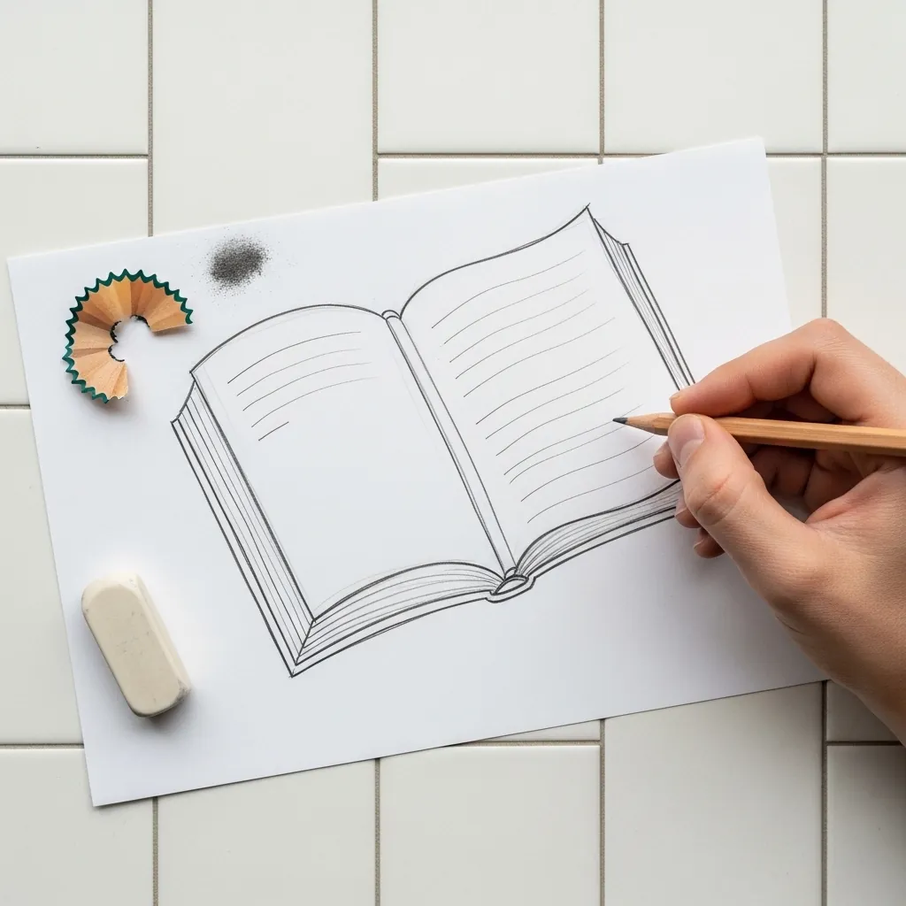 Beginner drawing an open book with lined pages in pencil