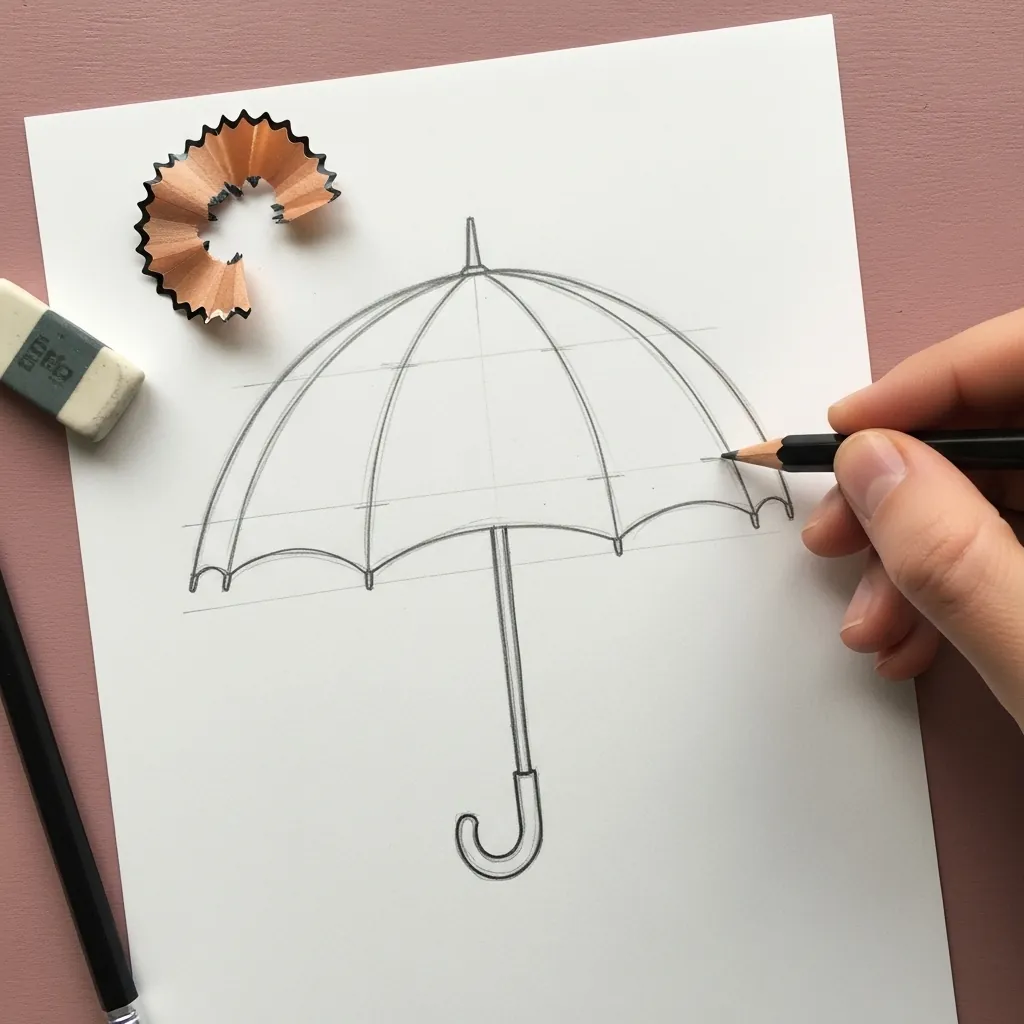 Beginner drawing an open umbrella with scalloped edges