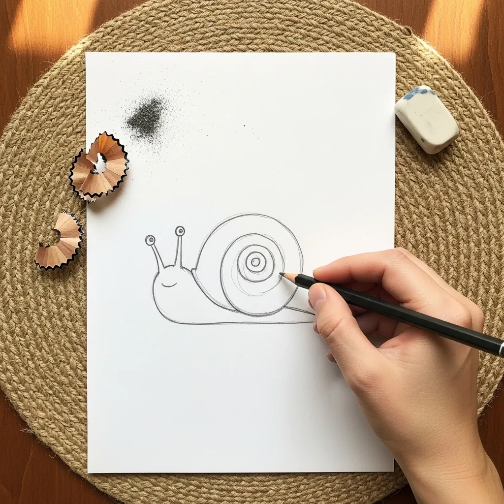 Beginner drawing a snail with a spiral shell in pencil